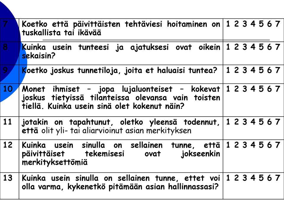 1 2 3 4 5 6 7 10 Monet ihmiset jopa lujaluonteiset kokevat joskus tietyissä tilanteissa olevansa vain toisten tiellä. Kuinka usein sinä olet kokenut näin?