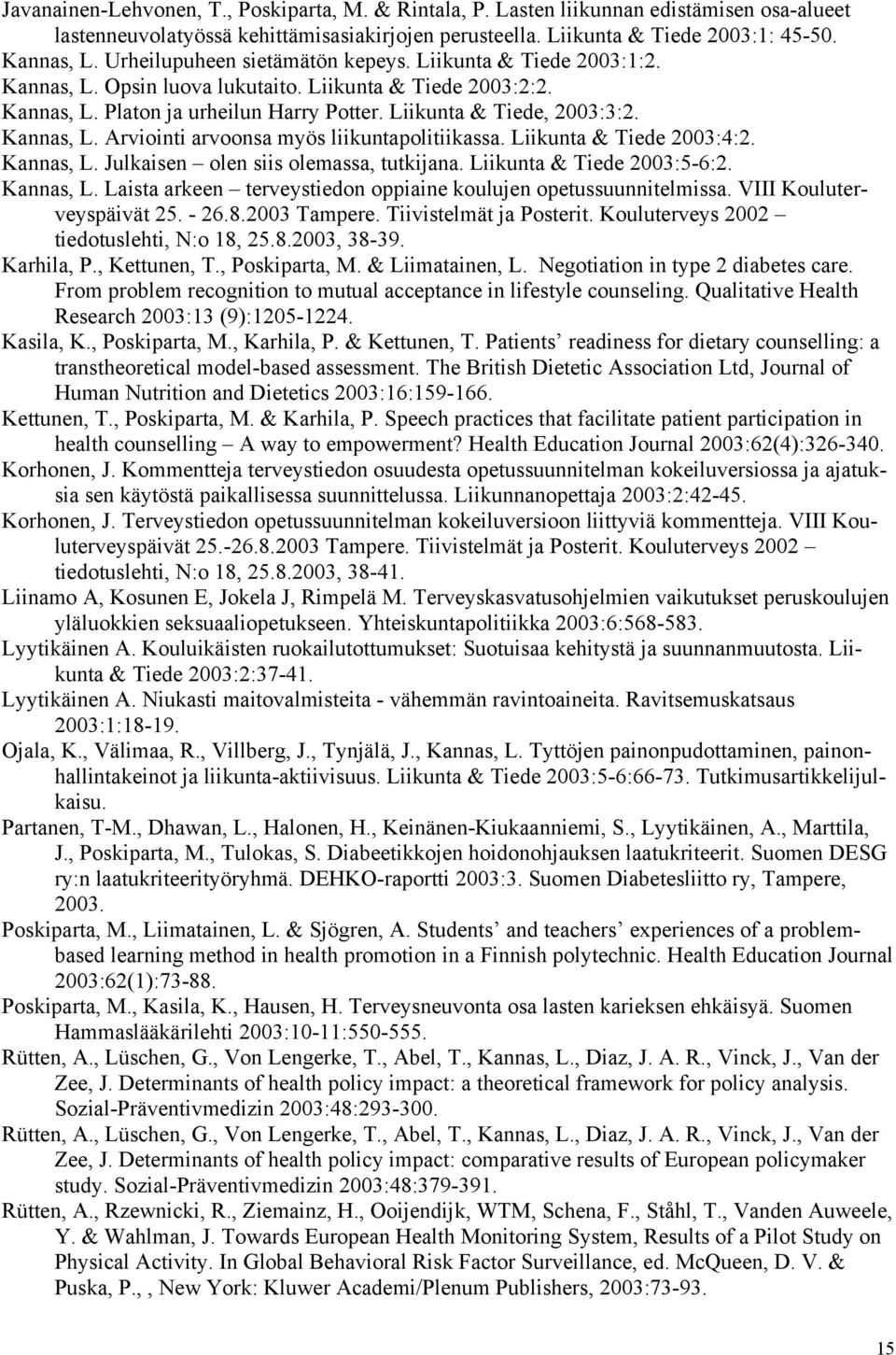 Kannas, L. Arviointi arvoonsa myös liikuntapolitiikassa. Liikunta & Tiede 2003:4:2. Kannas, L. Julkaisen olen siis olemassa, tutkijana. Liikunta & Tiede 2003:5-6:2. Kannas, L. Laista arkeen terveystiedon oppiaine koulujen opetussuunnitelmissa.