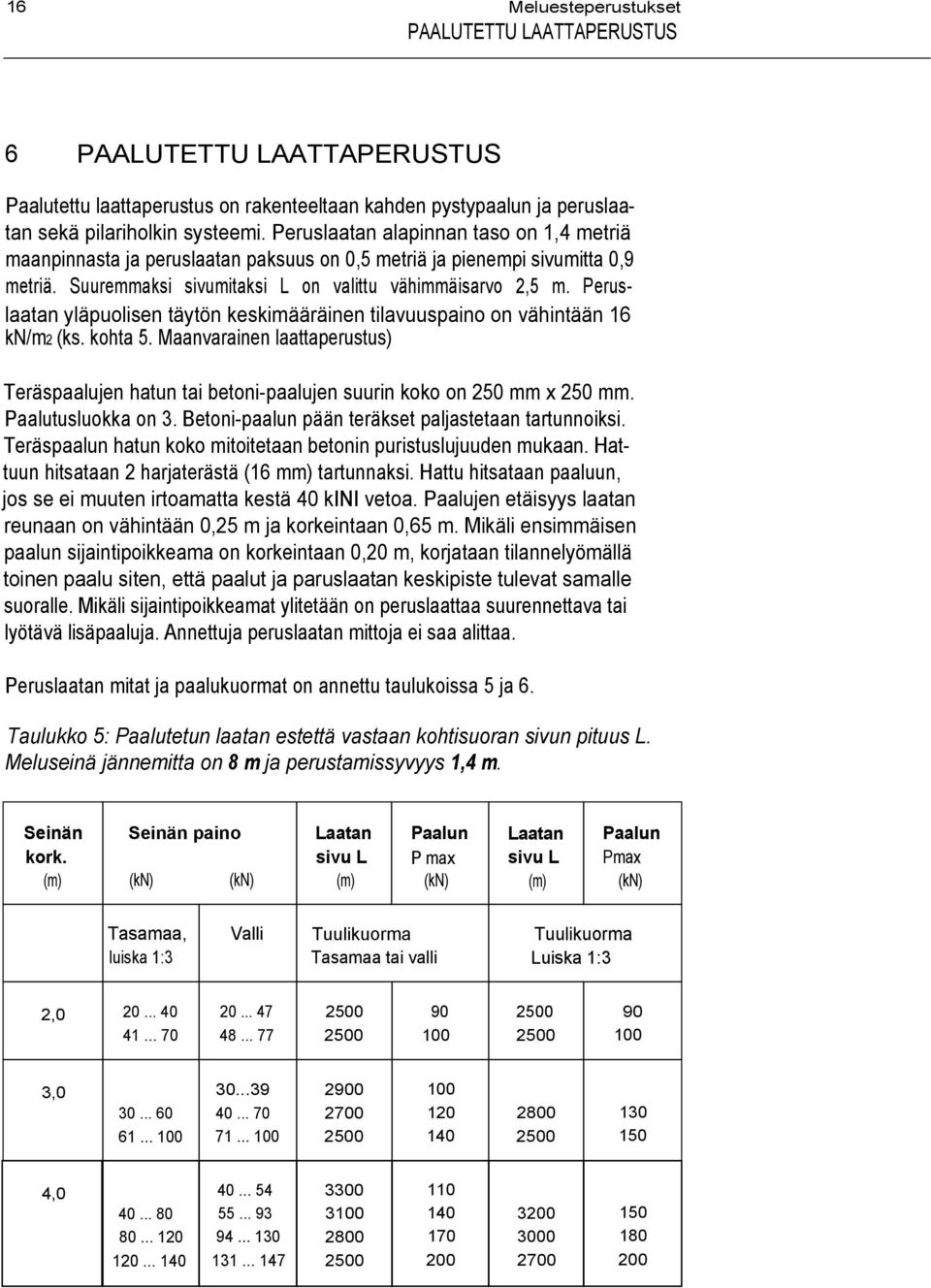 Peruslaatan yläpuolisen täytön keskimääräinen tilavuuspaino on vähintään 16 kn/m2 (ks. kohta 5. Maanvarainen laattaperustus) Teräspaalujen hatun tai betoni-paalujen suurin koko on 250 mm x 250 mm.