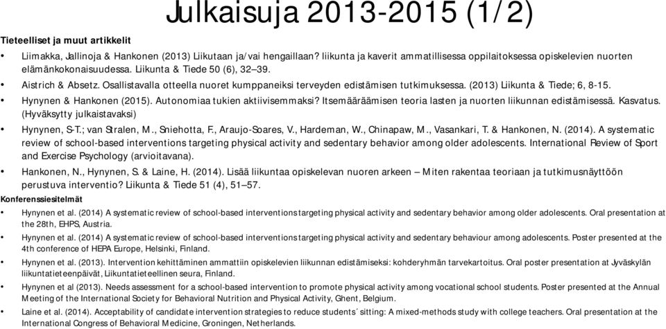Osallistavalla otteella nuoret kumppaneiksi terveyden edistämisen tutkimuksessa. (2013) Liikunta & iede; 6, 8-15. Hynynen & Hankonen (2015). Autonomiaa tukien aktiivisemmaksi?
