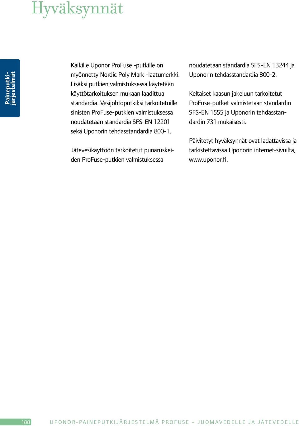 Vesijohtoputkiksi tarkoitetuille sinisten ProFuse-putkien valmistuksessa noudatetaan standardia SFS-EN 12201 sekä Uponorin tehdasstandardia 800-1.