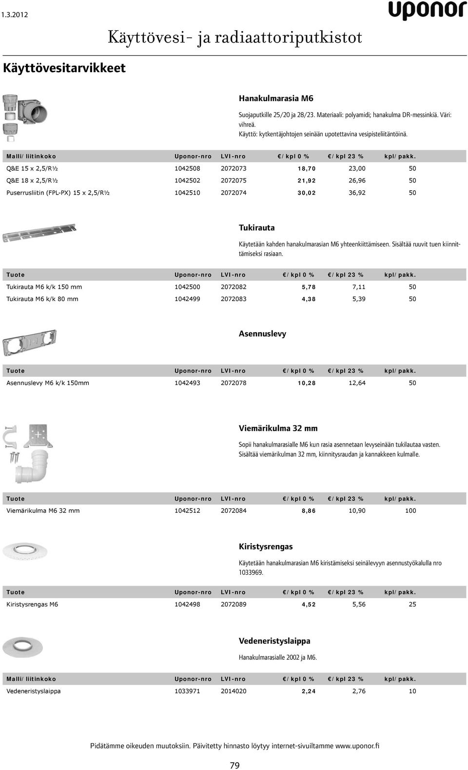 Q&E 15 x 2,5/R½ 1042508 2072073 18,70 23,00 50 Q&E 18 x 2,5/R½ 1042502 2072075 21,92 26,96 50 Puserrusliitin (FPL-PX) 15 x 2,5/R½ 1042510 2072074 30,02 36,92 50 Tukirauta Käytetään kahden