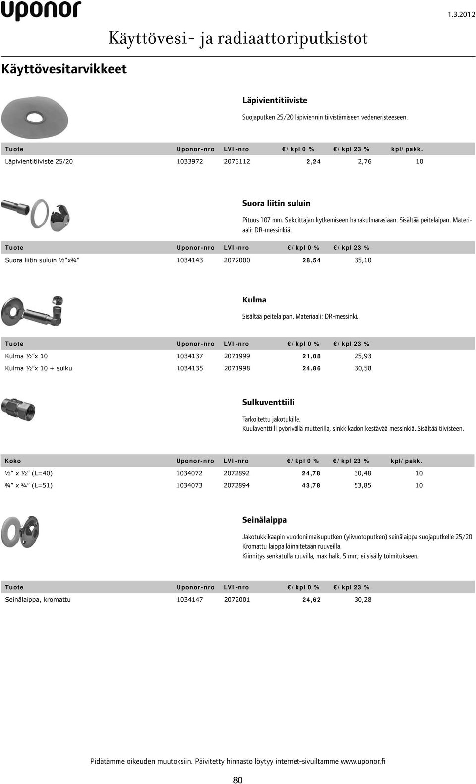 Tuote Uponor-nro LVI-nro /kpl 0 % /kpl 23 % Suora liitin suluin ½ x¾ 1034143 2072000 28,54 35,10 Kulma Sisältää peitelaipan. Materiaali: DR-messinki.