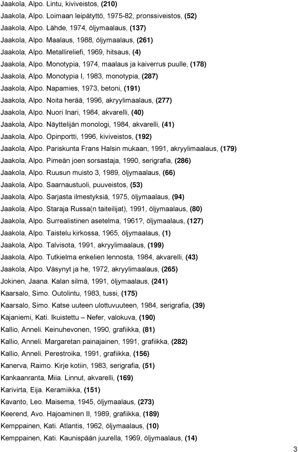 Monotypia I, 1983, monotypia, (287) Jaakola, Alpo. Napamies, 1973, betoni, (191) Jaakola, Alpo. Noita herää, 1996, akryylimaalaus, (277) Jaakola, Alpo.