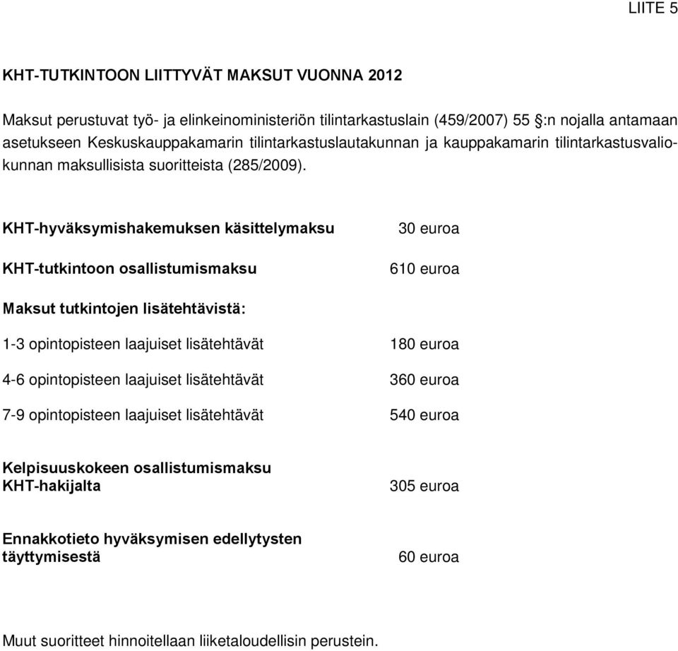 KHT-hyväksymishakemuksen käsittelymaksu KHT-tutkintoon osallistumismaksu 30 euroa 610 euroa Maksut tutkintojen lisätehtävistä: 1-3 opintopisteen laajuiset lisätehtävät 180 euroa 4-6