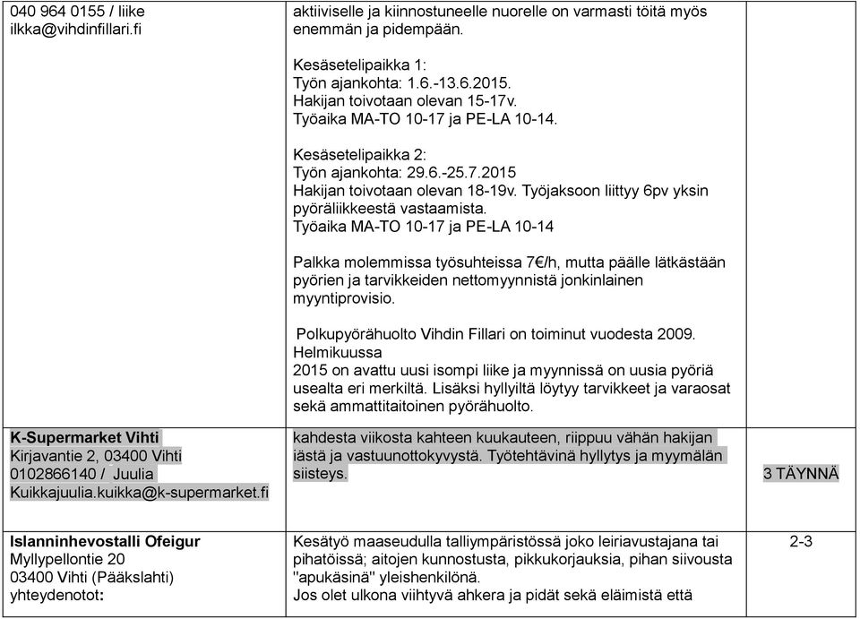 Työaika MA-TO 10-17 ja PE-LA 10-14. Kesäsetelipaikka 2: Työn ajankohta: 29.6.-25.7.2015 Hakijan toivotaan olevan 18-19v. Työjaksoon liittyy 6pv yksin pyöräliikkeestä vastaamista.