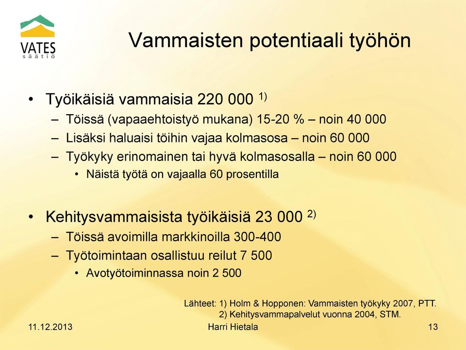 Kehitysvammaisista työikäisiä 23 000 2) Töissä avoimilla markkinoilla 300-400 Työtoimintaan osallistuu reilut 7 500