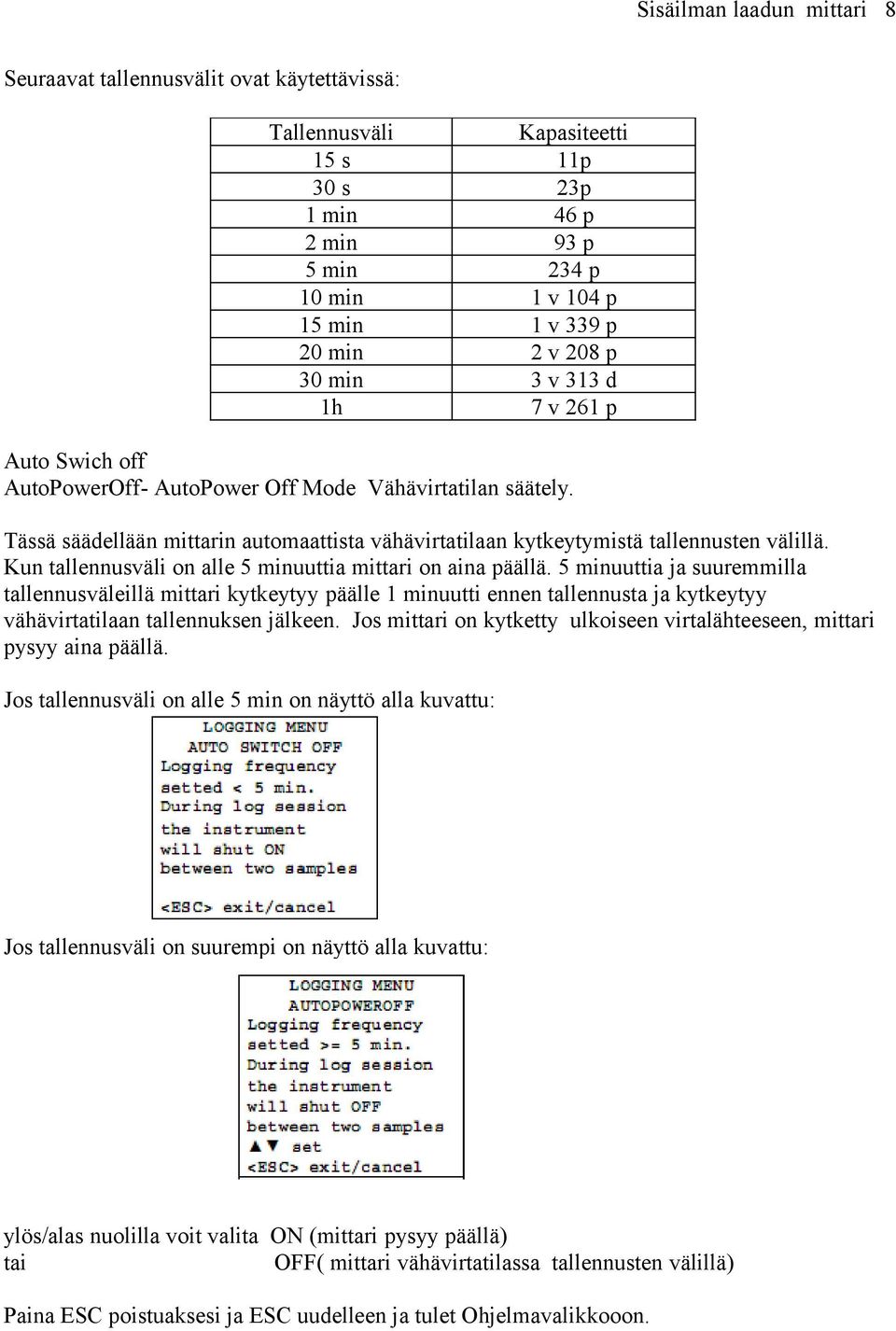 Kun tallennusväli on alle 5 minuuttia mittari on aina päällä.