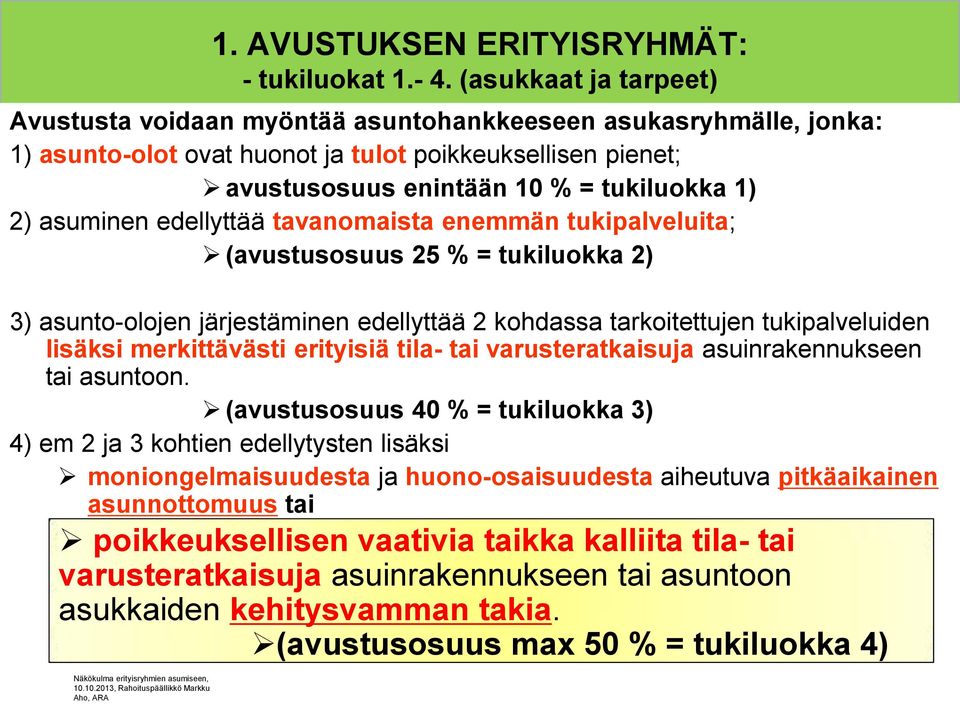 asuminen edellyttää tavanomaista enemmän tukipalveluita; (avustusosuus 25 % = tukiluokka 2) 3) asunto-olojen järjestäminen edellyttää 2 kohdassa tarkoitettujen tukipalveluiden lisäksi merkittävästi