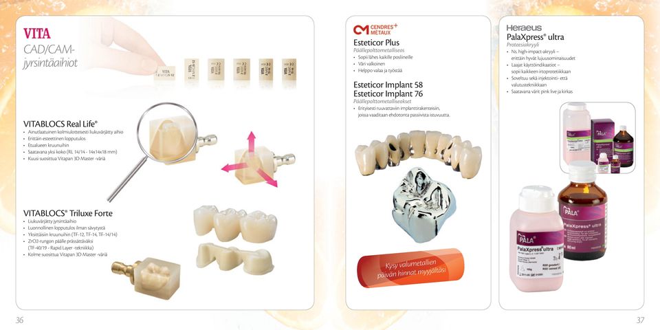 Päällepolttometalliseokset Erityisesti ruuvattaviin implanttirakenteisiin, joissa vaaditaan ehdotonta passiivista istuvuutta. PalaXpress ultra Proteesiakryyli Ns.
