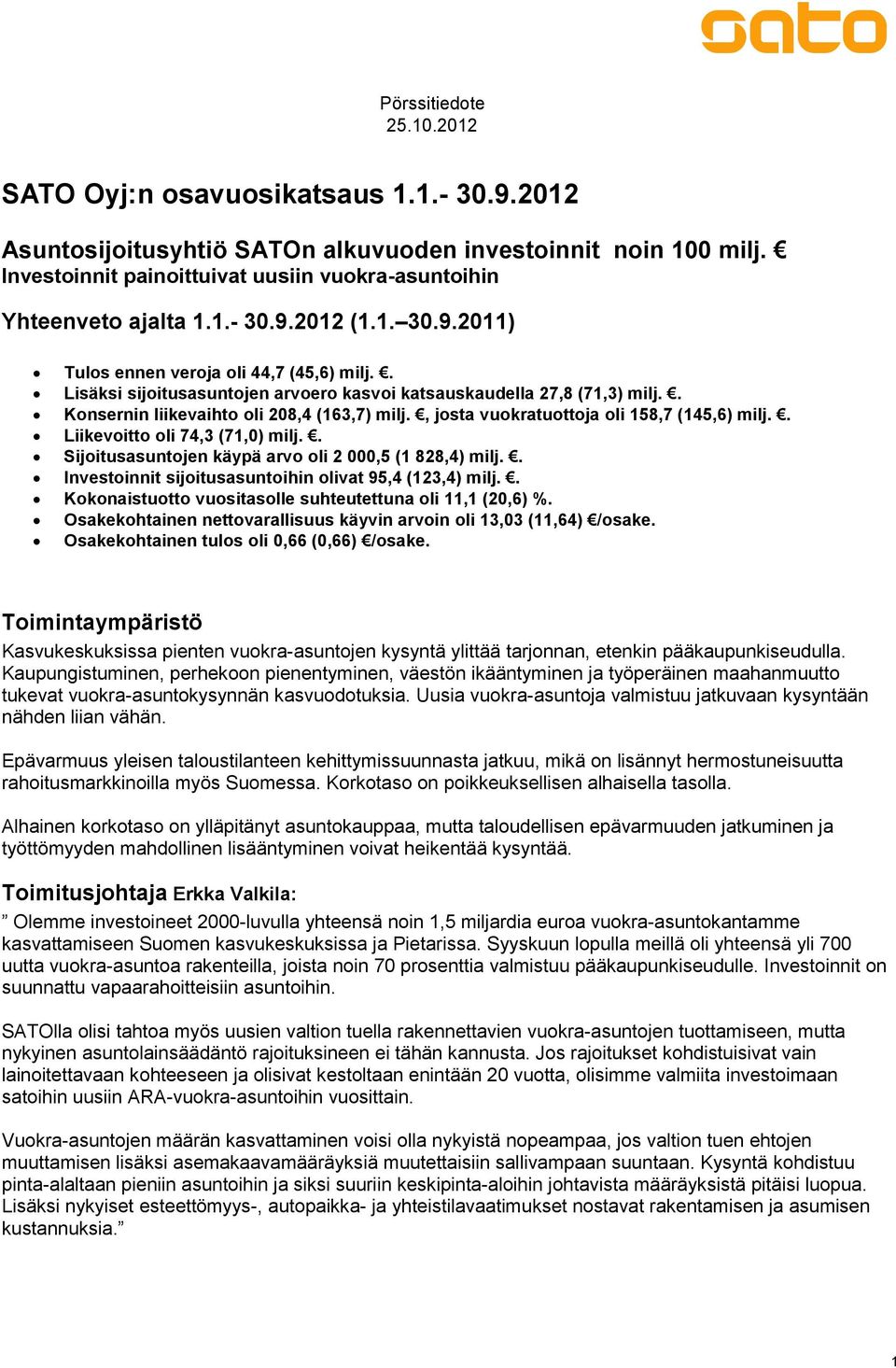 . Liikevoitto oli 74,3 (71,0) milj.. Sijoitusasuntojen käypä arvo oli 2 000,5 (1 828,4) milj.. Investoinnit sijoitusasuntoihin olivat 95,4 (123,4) milj.