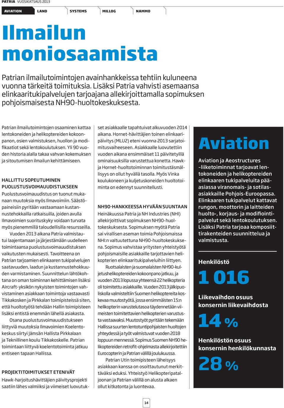 Patrian ilmailutoimintojen osaaminen kattaa lentokoneiden ja helikoptereiden kokoonpanon, osien valmistuksen, huollon ja modifikaatiot sekä lentokoulutuksen.