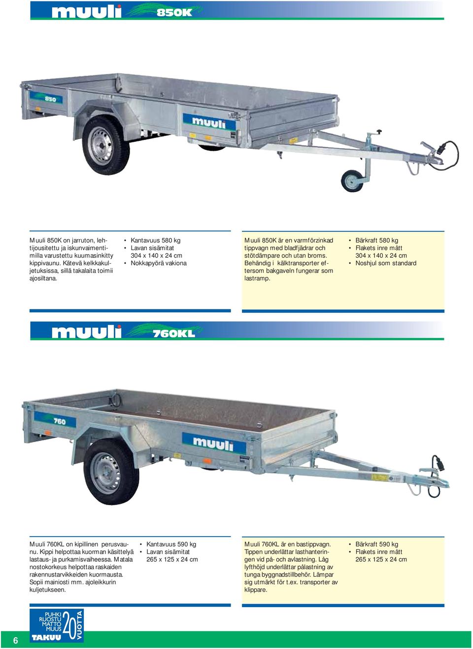 Bärkraft 580 kg Flakets inre mått 304 x 140 x 24 cm 760KL Muuli 760KL on kipillinen perusvaunu. Kippi helpottaa kuorman käsittelyä lastaus- ja purkamisvaiheessa.