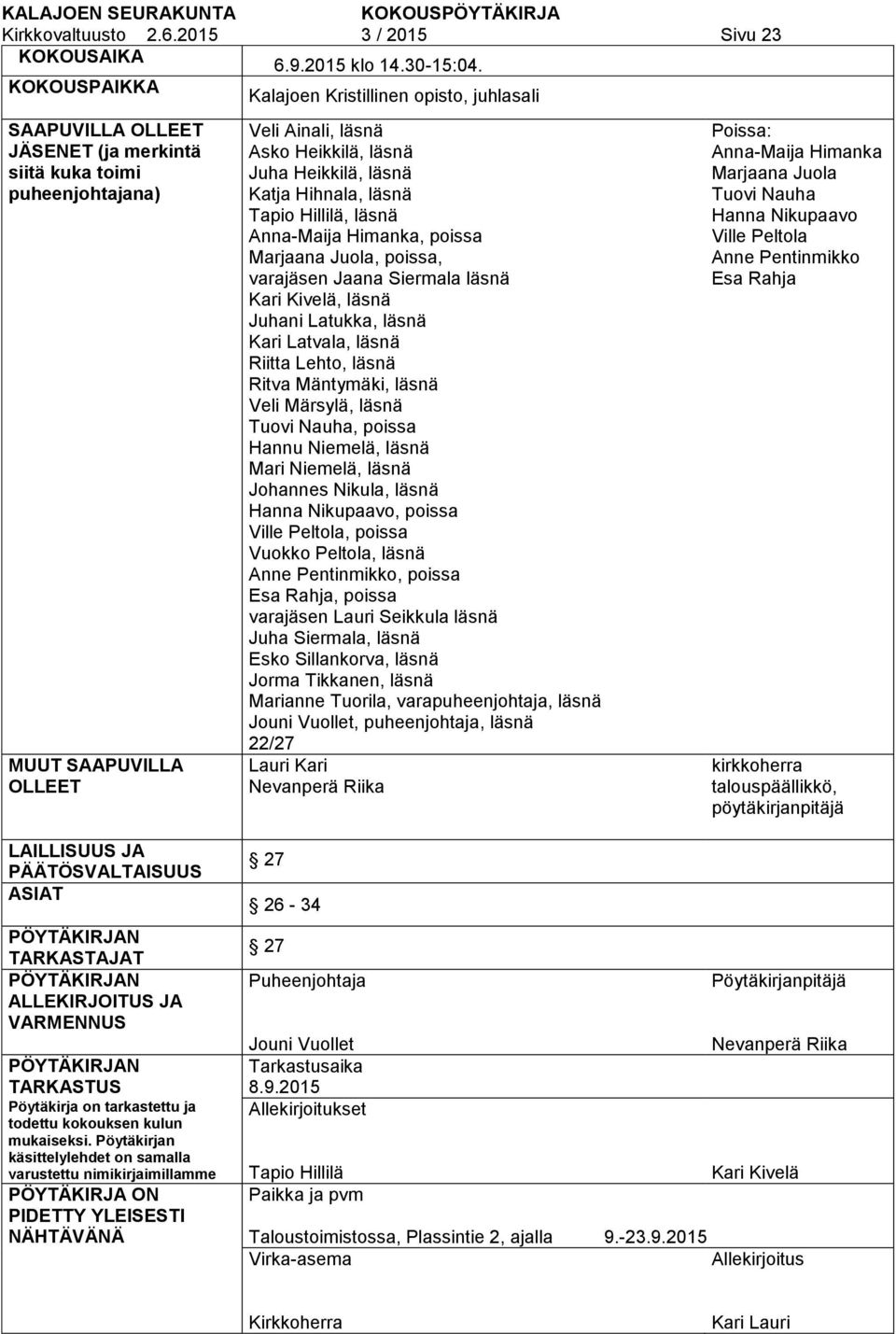 Heikkilä, läsnä Katja Hihnala, läsnä Tapio Hillilä, läsnä Anna-Maija Himanka, poissa Marjaana Juola, poissa, varajäsen Jaana Siermala läsnä Kari Kivelä, läsnä Juhani Latukka, läsnä Kari Latvala,