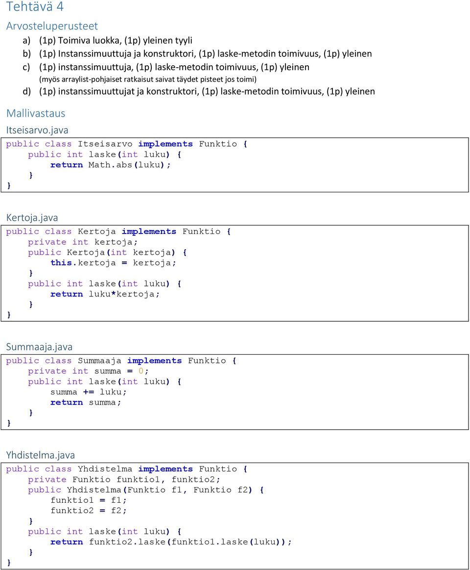 java public class Itseisarvo implements Funktio { return Math.abs(luku); Kertoja.java public class Kertoja implements Funktio { private int kertoja; public Kertoja(int kertoja) { this.