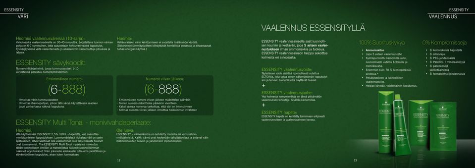 ESSENSITY sävykoodit: Numerointijärjestelmä, jossa tummuusasteet 1-10 Järjestelmä perustuu numeroyhdistelmiin: Ensimmäinen numero: (6-888) (6-888) Ilmoittaa värin tummuusasteen Ilmoittaa