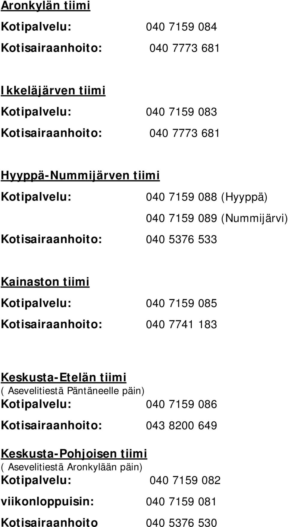 040 7159 085 Kotisairaanhoito: 040 7741 183 Keskusta-Etelän tiimi ( Asevelitiestä Päntäneelle päin) Kotipalvelu: 040 7159 086 Kotisairaanhoito: 043