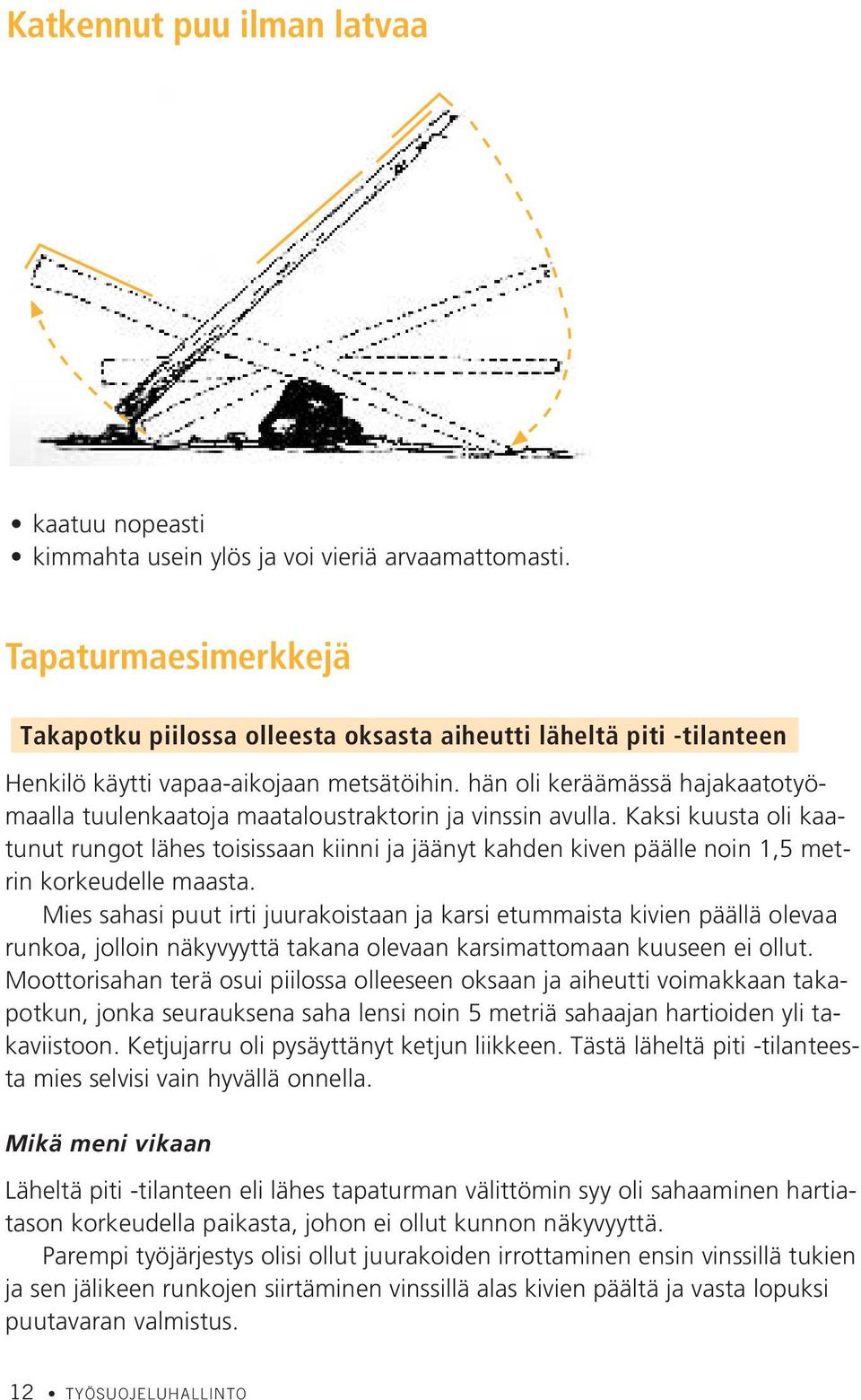 hän oli keräämässä hajakaatotyömaalla tuulenkaatoja maataloustraktorin ja vinssin avulla.