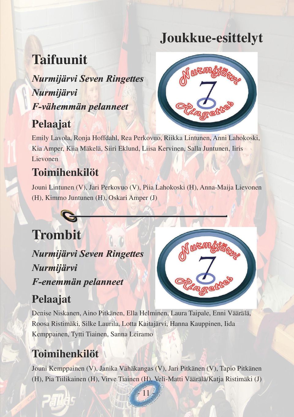Seven Ringettes Nurmijärvi F-enemmän pelanneet Denise Niskanen, Aino Pitkänen, Ella Helminen, Laura Taipale, Enni Väärälä, Roosa Ristimäki, Silke Laurila, Lotta Kaitajärvi, Hanna Kauppinen, Iida