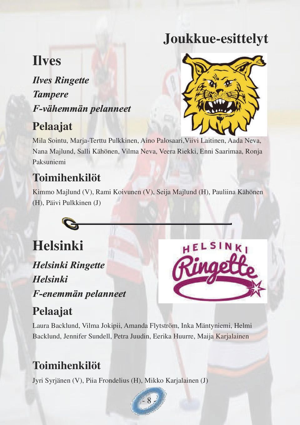 Pauliina Kähönen (H), Päivi Pulkkinen (J) Helsinki Helsinki Ringette Helsinki F-enemmän pelanneet Laura Backlund, Vilma Jokipii, Amanda Flytström,