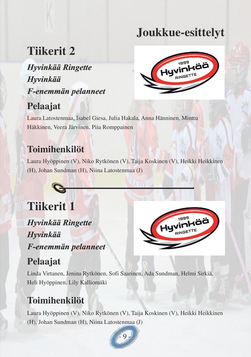 Latostenmaa (J) Tiikerit 1 Hyvinkää Ringette Hyvinkää F-enemmän pelanneet Linda Virtanen, Jenina Rytkönen, Sofi Saarinen, Ada Sundman, Helmi Sirkiä,