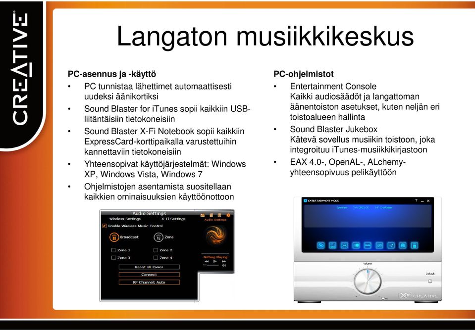 Ohjelmistojen asentamista suositellaan kaikkien ominaisuuksien käyttöönottoon PC-ohjelmistot Entertainment Console Kaikki audiosäädöt ja langattoman äänentoiston asetukset,