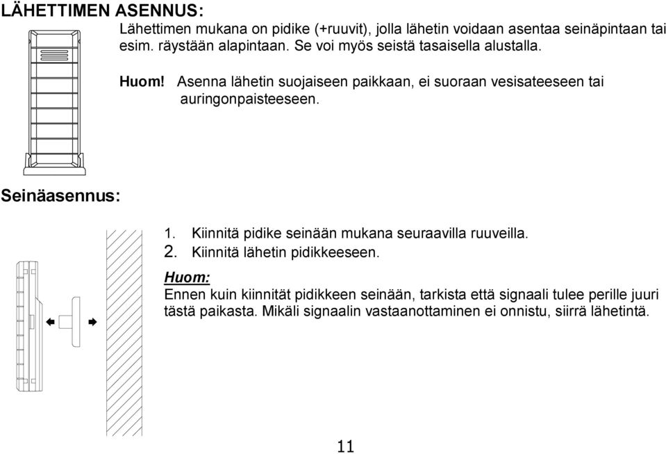 Seinäasennus: 1. Kiinnitä pidike seinään mukana seuraavilla ruuveilla. 2. Kiinnitä lähetin pidikkeeseen.