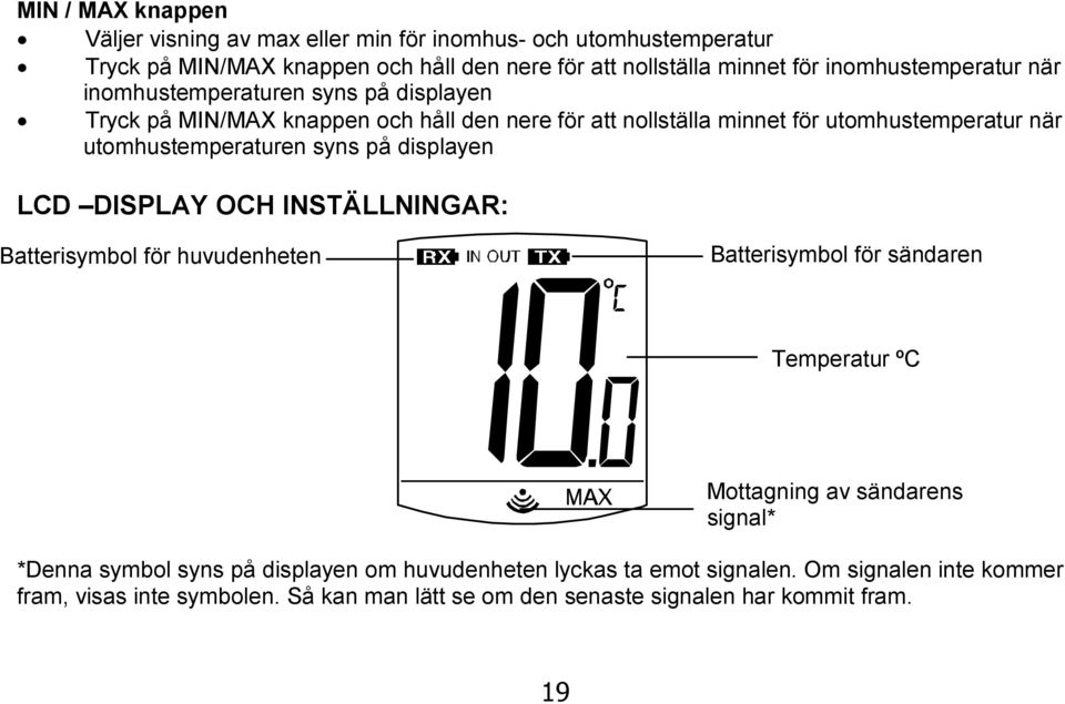 utomhustemperaturen syns på displayen LCD DISPLAY OCH INSTÄLLNINGAR: Batterisymbol för huvudenheten Batterisymbol för sändaren Temperatur ºC Mottagning av sändarens