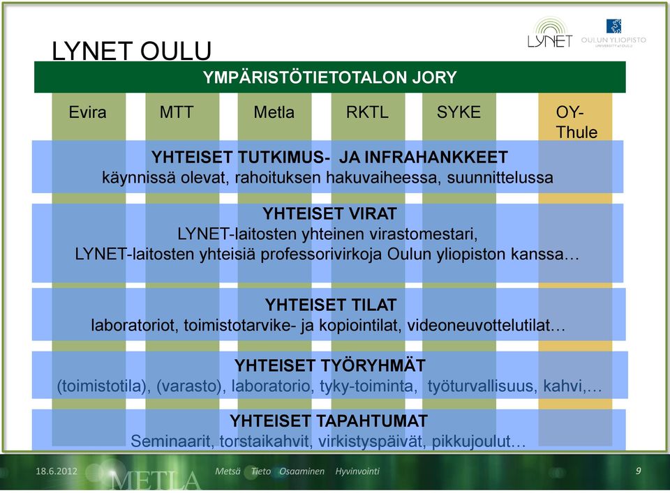 professorivirkoja Oulun yliopiston kanssa YHTEISET TILAT laboratoriot, toimistotarvike- ja kopiointilat, videoneuvottelutilat YHTEISET