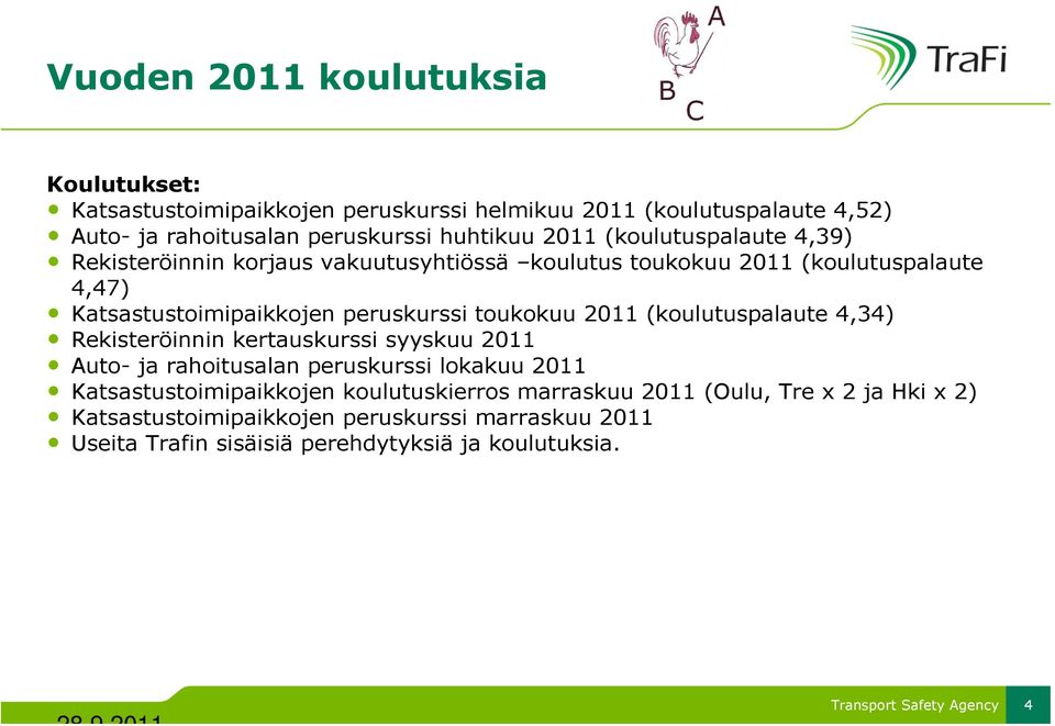 toukokuu 2011 (koulutuspalaute 4,34) Rekisteröinnin kertauskurssi syyskuu 2011 Auto- ja rahoitusalan peruskurssi lokakuu 2011 Katsastustoimipaikkojen