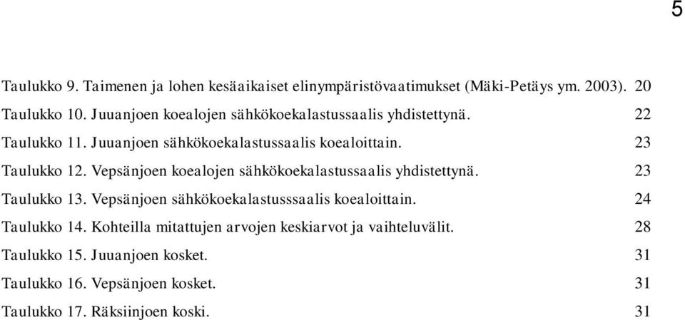 Vepsänjoen koealojen sähkökoekalastussaalis yhdistettynä. 23 Taulukko 13. Vepsänjoen sähkökoekalastusssaalis koealoittain. 24 Taulukko 14.