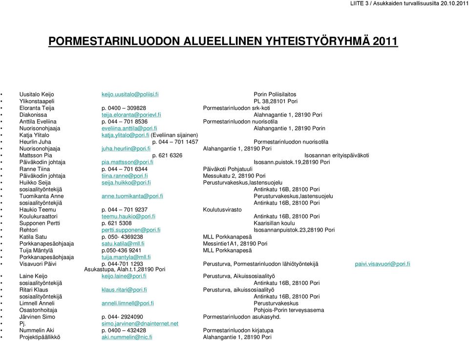 044 701 8536 Pormestarinluodon nuorisotila Nuorisonohjaaja eveliina.anttila@pori.fi Alahangantie 1, 28190 Porin Katja Ylitalo katja.ylitalo@pori.fi (Eveliinan sijainen) Heurlin Juha p.