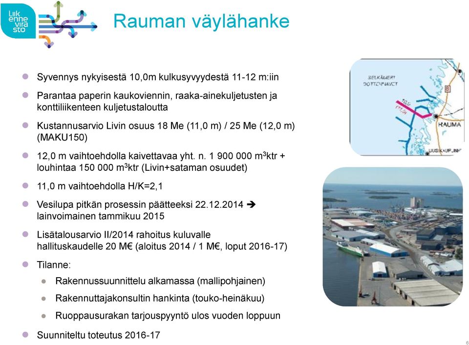 1 900 000 m 3 ktr + louhintaa 150 000 m 3 ktr (Livin+sataman osuudet) 11,0 m vaihtoehdolla H/K=2,1 Vesilupa pitkän prosessin päätteeksi 22.12.