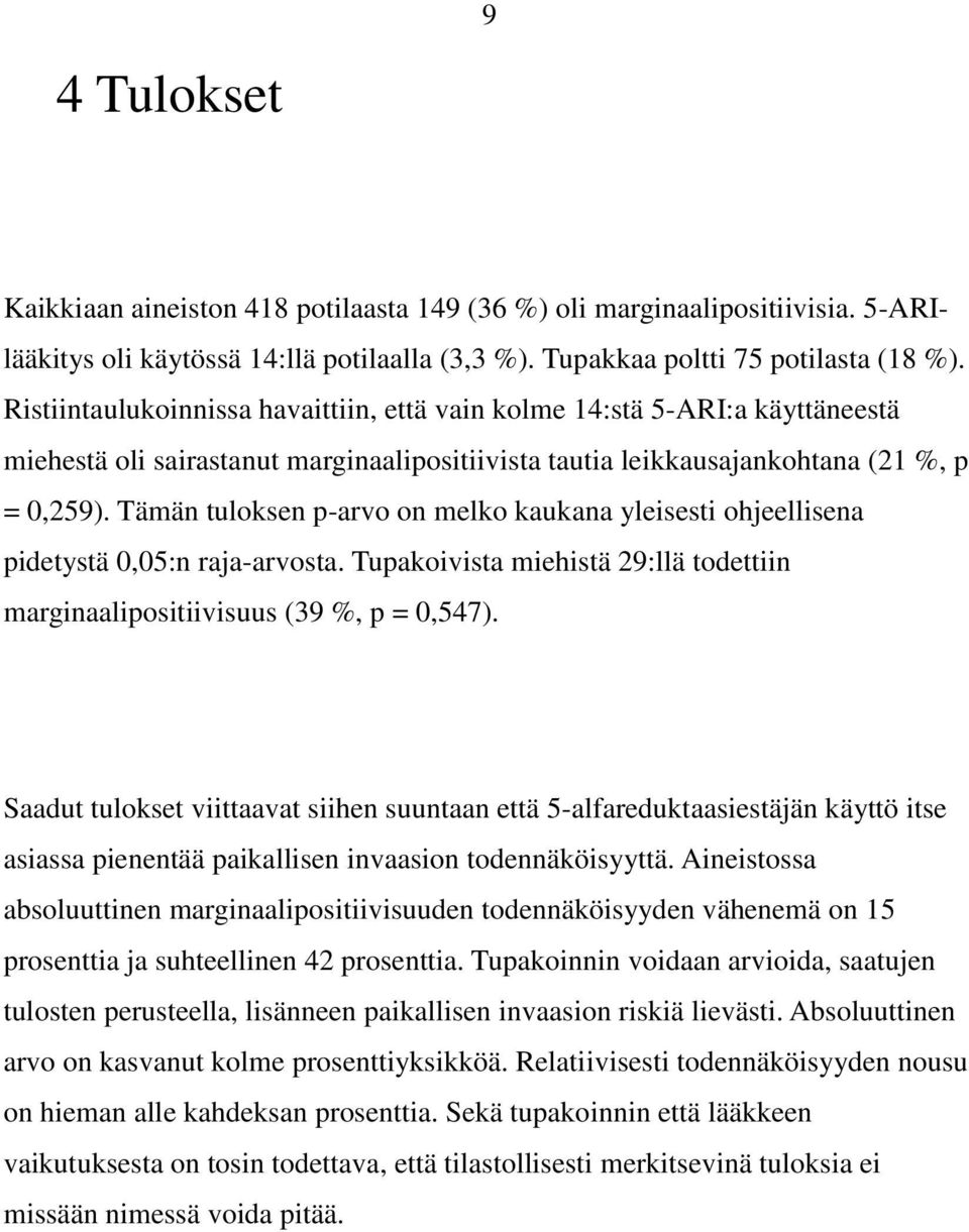 Tämän tuloksen p-arvo on melko kaukana yleisesti ohjeellisena pidetystä 0,05:n raja-arvosta. Tupakoivista miehistä 29:llä todettiin marginaalipositiivisuus (39 %, p = 0,547).