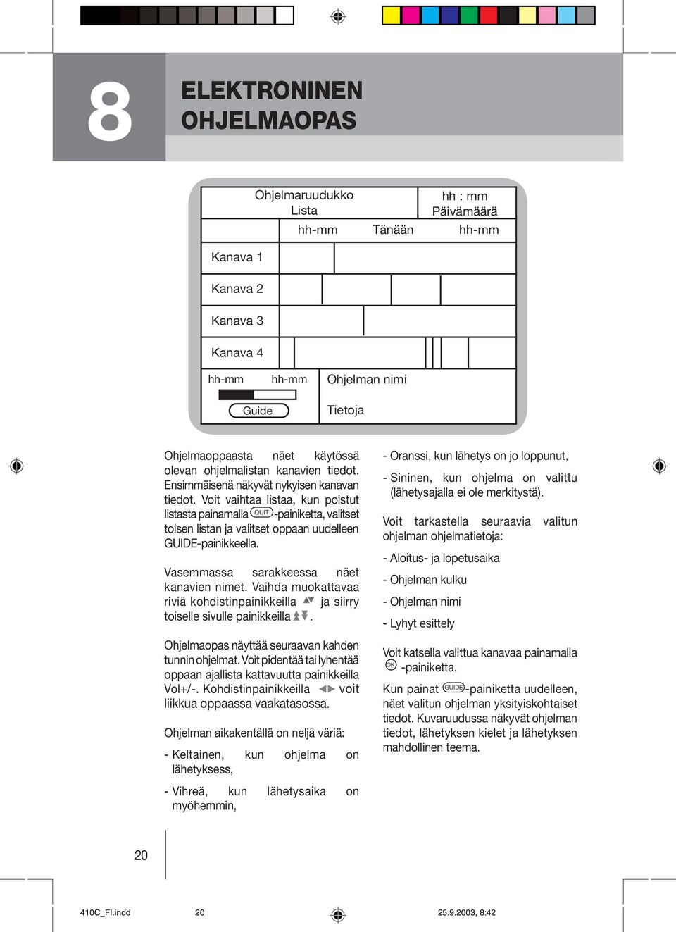 Voit vaihtaa listaa, kun poistut listasta painamalla QUIT -painiketta, valitset toisen listan ja valitset oppaan uudelleen GUIDE-painikkeella. Vasemmassa sarakkeessa näet kanavien nimet.