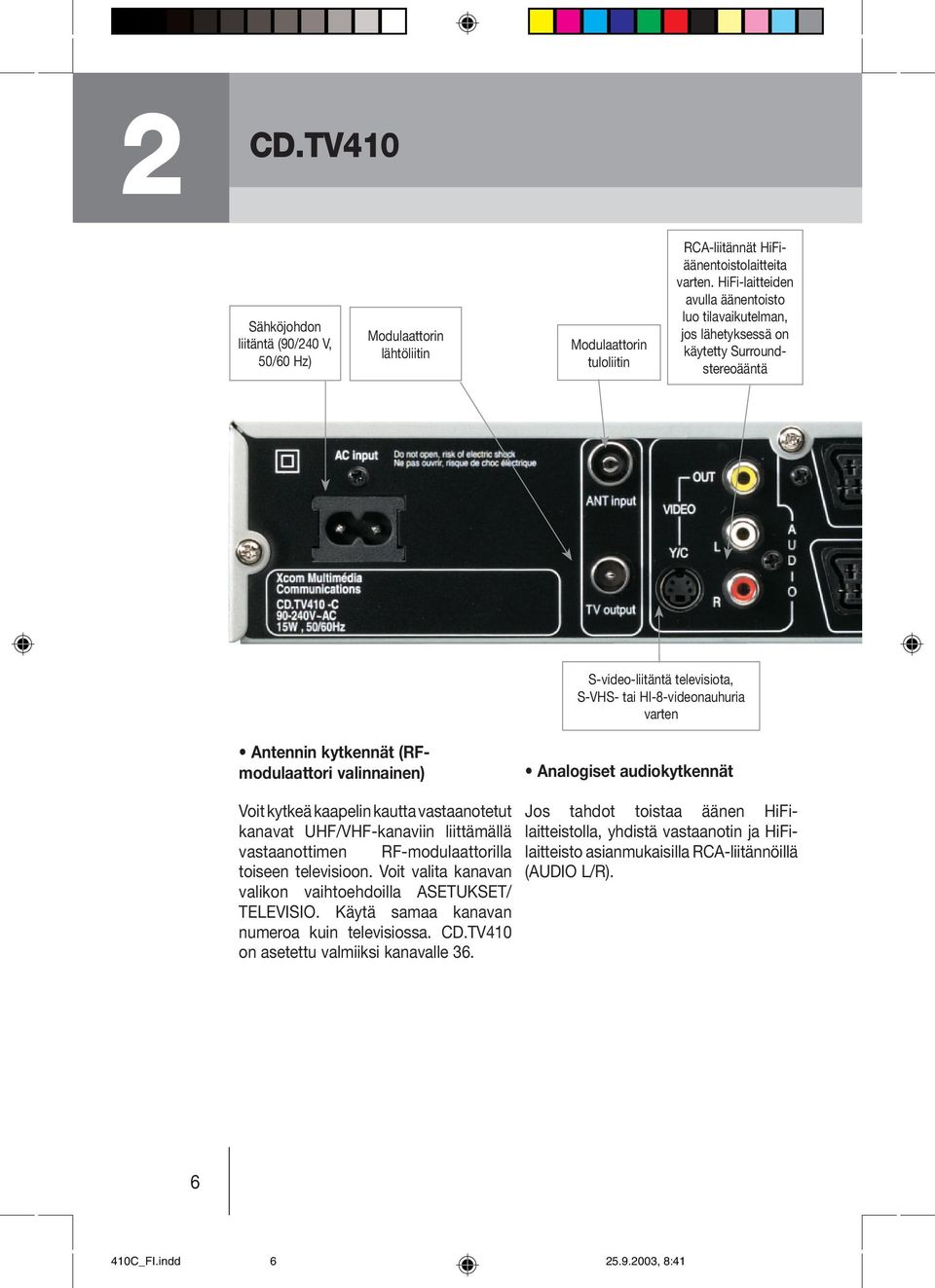 (RFmodulaattori valinnainen) Analogiset audiokytkennät Voit kytkeä kaapelin kautta vastaanotetut kanavat UHF/VHF-kanaviin liittämällä vastaanottimen RF-modulaattorilla toiseen televisioon.