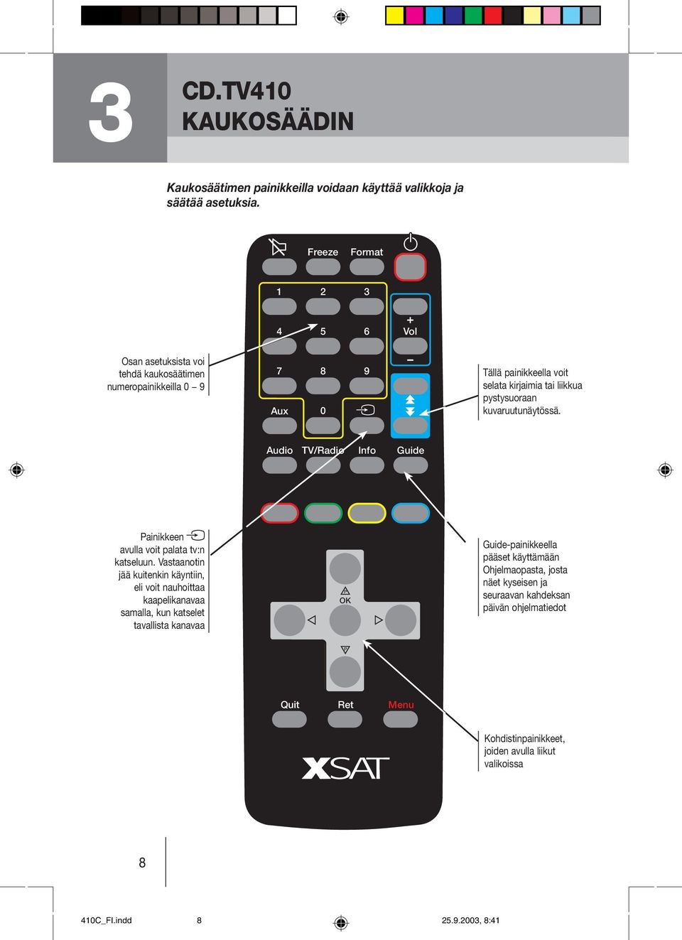 kuvaruutunäytössä. Audio TV/Radio Info Guide Painikkeen avulla voit palata tv:n katseluun.