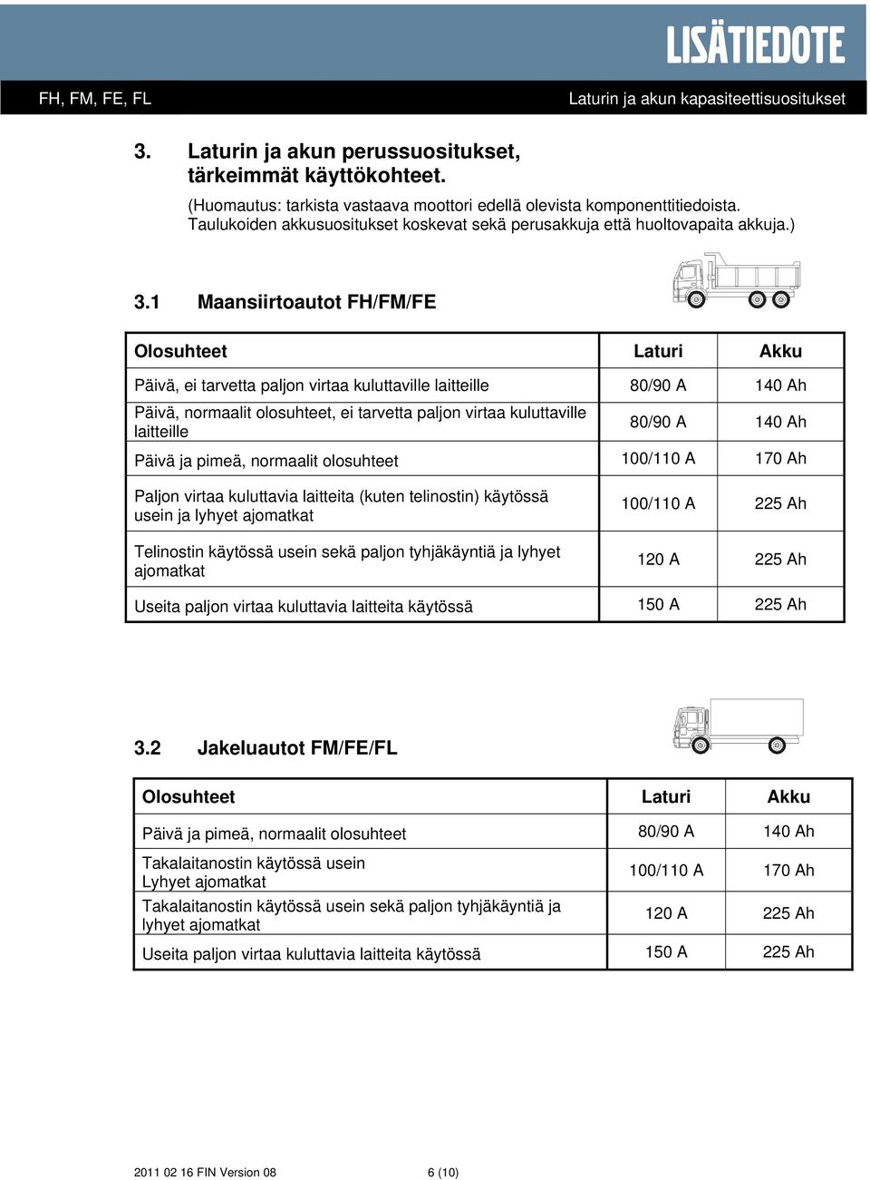 1 Maansiirtoautot FH/FM/FE Olosuhteet Laturi Akku Päivä, ei tarvetta paljon virtaa kuluttaville laitteille 80/90 A 140 Ah Päivä, normaalit olosuhteet, ei tarvetta paljon virtaa kuluttaville