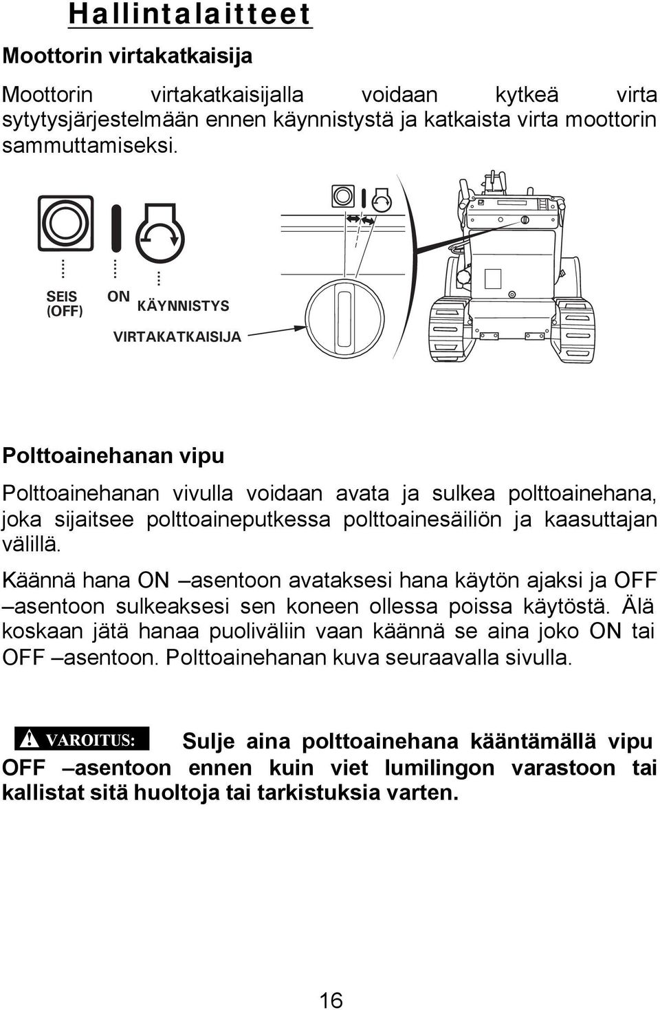 välillä. Käännä hana ON asentoon avataksesi hana käytön ajaksi ja OFF asentoon sulkeaksesi sen koneen ollessa poissa käytöstä.