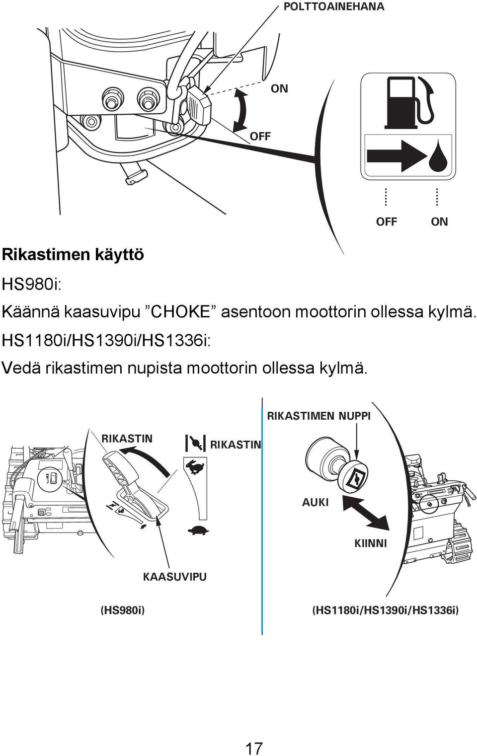 HS1180i/HS1390i/HS1336i: Vedä rikastimen nupista moottorin ollessa