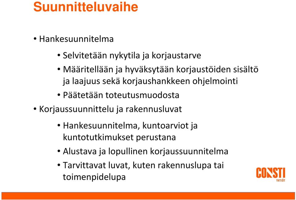 toteutusmuodosta Korjaussuunnittelu ja rakennusluvat Hankesuunnitelma, kuntoarviot ja