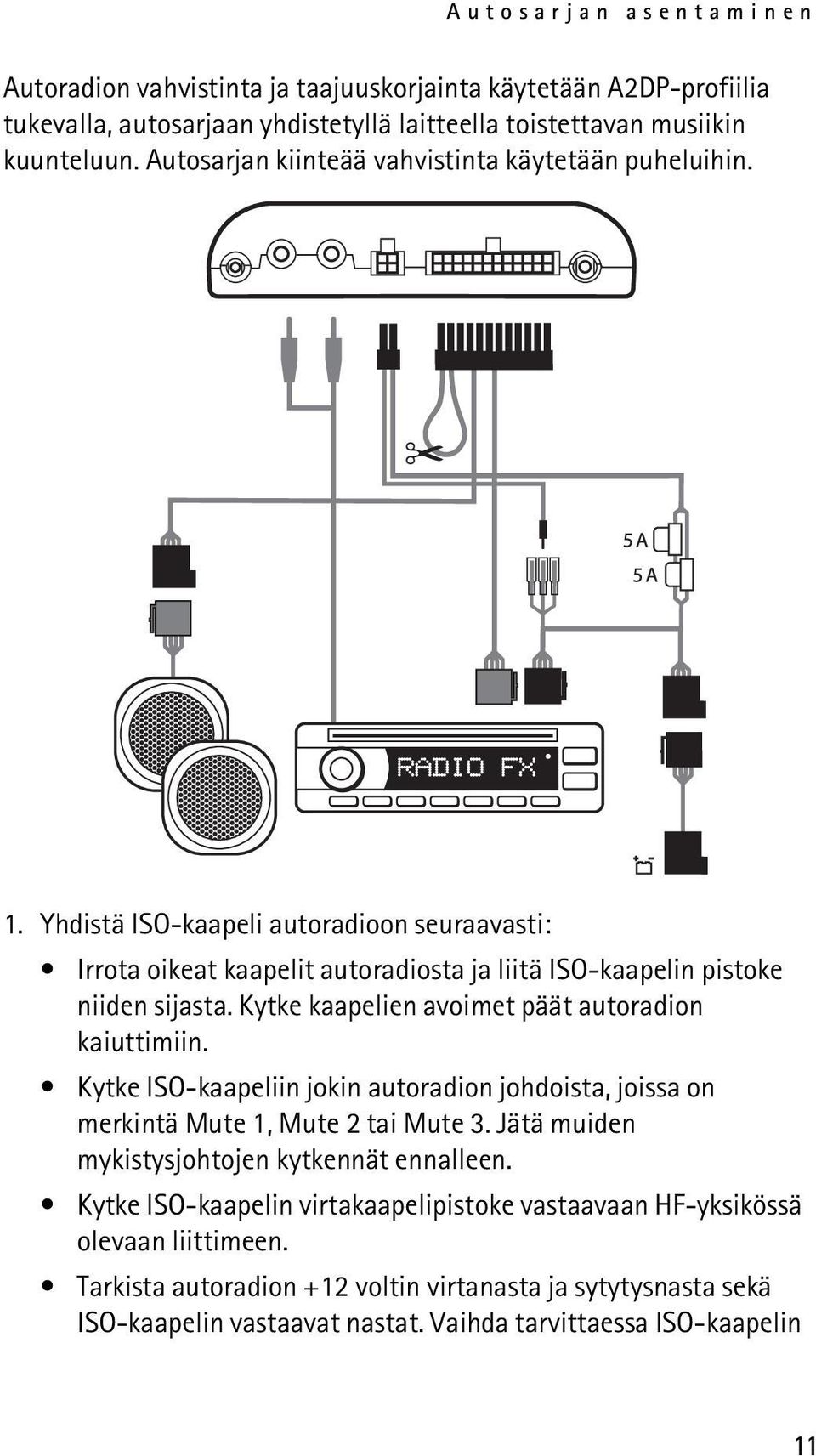 Kytke kaapelien avoimet päät autoradion kaiuttimiin. Kytke ISO-kaapeliin jokin autoradion johdoista, joissa on merkintä Mute 1, Mute 2 tai Mute 3.