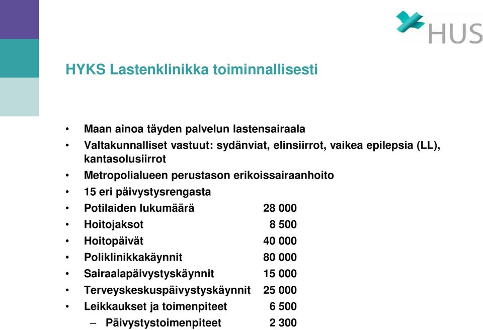 päivystysrengasta Potilaiden lukumäärä 28 000 Hoitojaksot 8 500 Hoitopäivät 40 000 Poliklinikkakäynnit 80 000