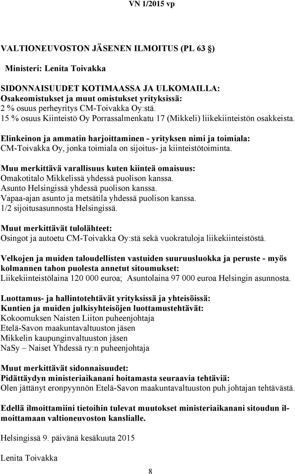Vapaa-ajan asunto ja metsätila yhdessä puolison kanssa. 1/2 sijoitusasunnosta Helsingissä. Osingot ja autoetu CM-Toivakka Oy:stä sekä vuokratuloja liikekiinteistöstä.