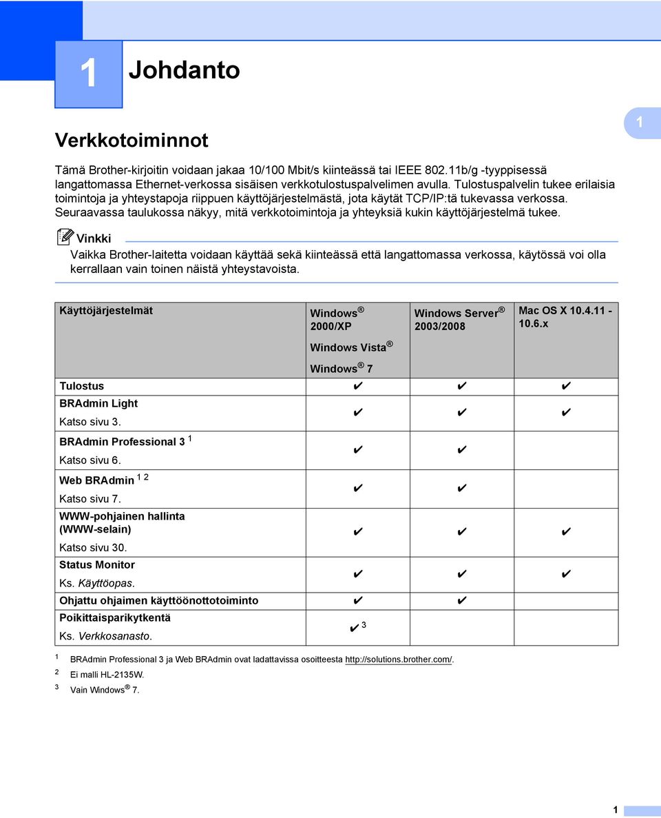 Seuraavassa taulukossa näkyy, mitä verkkotoimintoja ja yhteyksiä kukin käyttöjärjestelmä tukee.