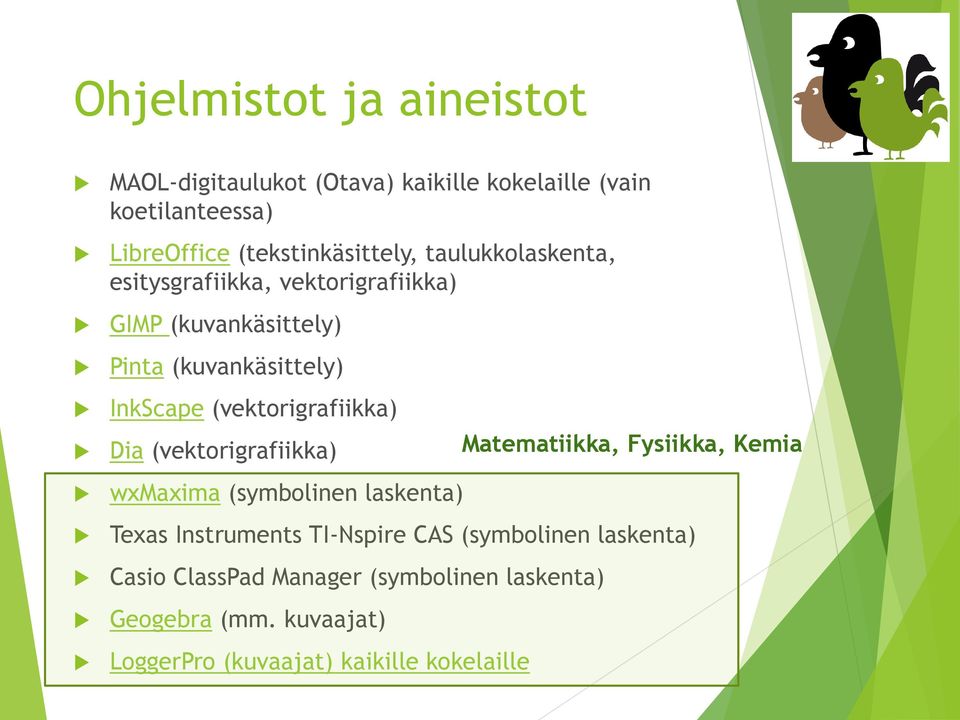 (vektorigrafiikka) Dia (vektorigrafiikka) wxmaxima (symbolinen laskenta) Texas Instruments TI-Nspire CAS (symbolinen