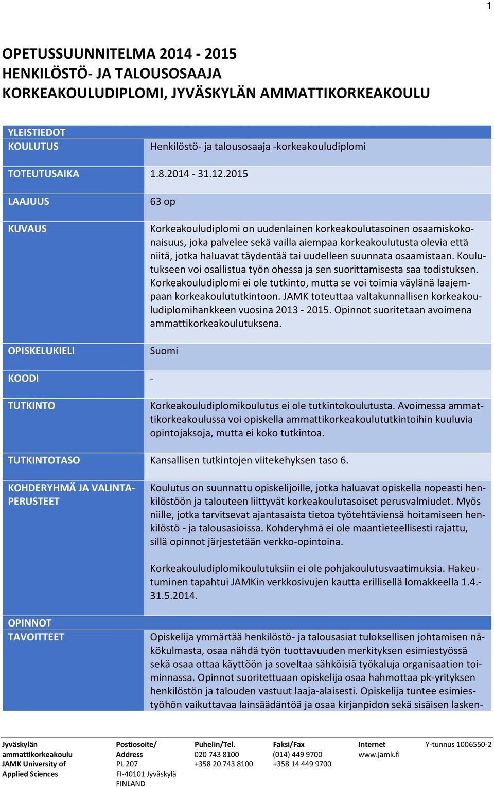 2015 LAAJUUS KUVAUS OPISKELUKIELI 63 op Korkeakouludiplomi on uudenlainen korkeakoulutasoinen osaamiskokonaisuus, joka palvelee sekä vailla aiempaa korkeakoulutusta olevia että niitä, jotka haluavat