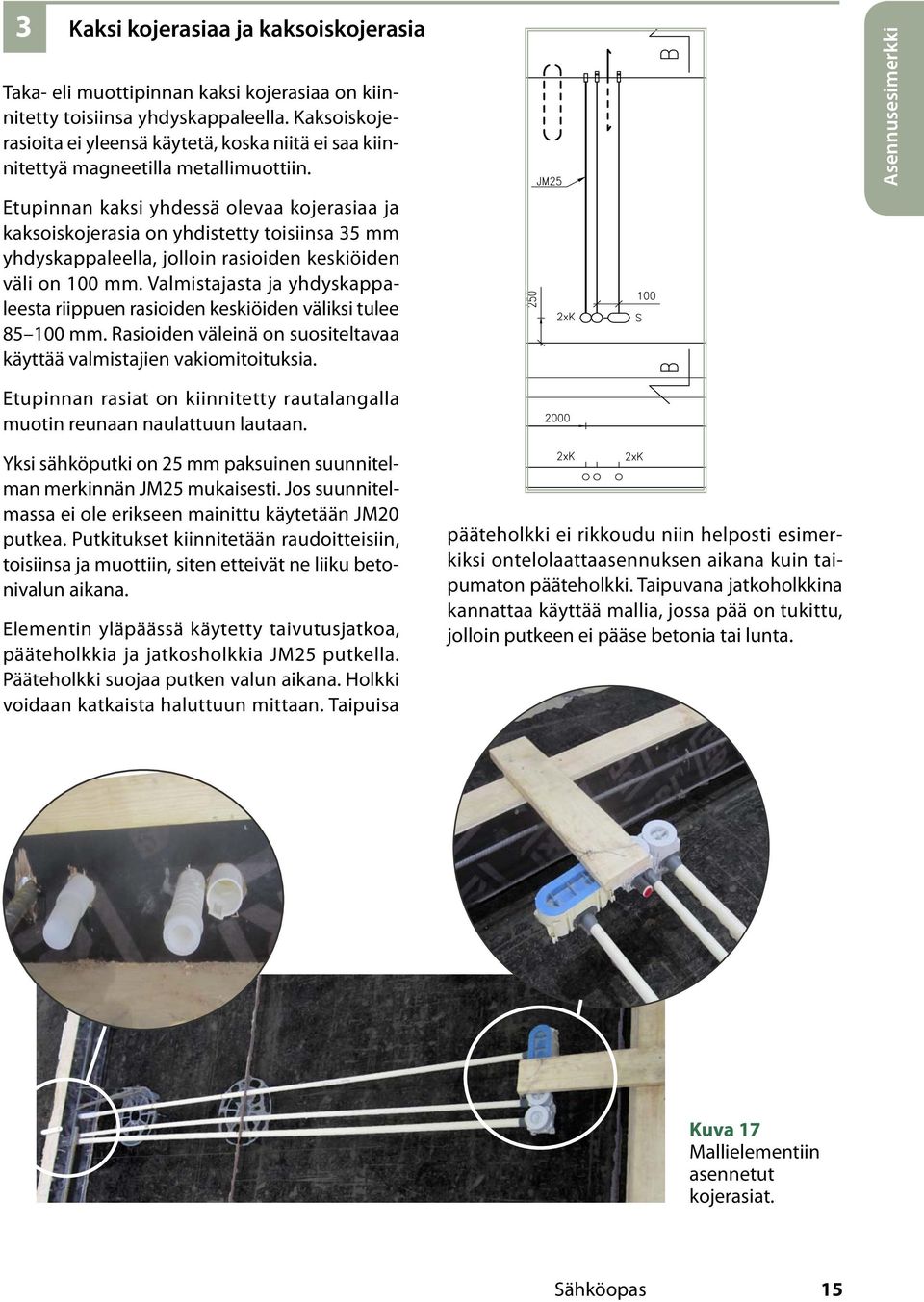 Etupinnan kaksi yhdessä olevaa kojerasiaa ja kaksoiskojerasia on yhdistetty toisiinsa 35 mm yhdyskappaleella, jolloin rasioiden keskiöiden väli on 100 mm.