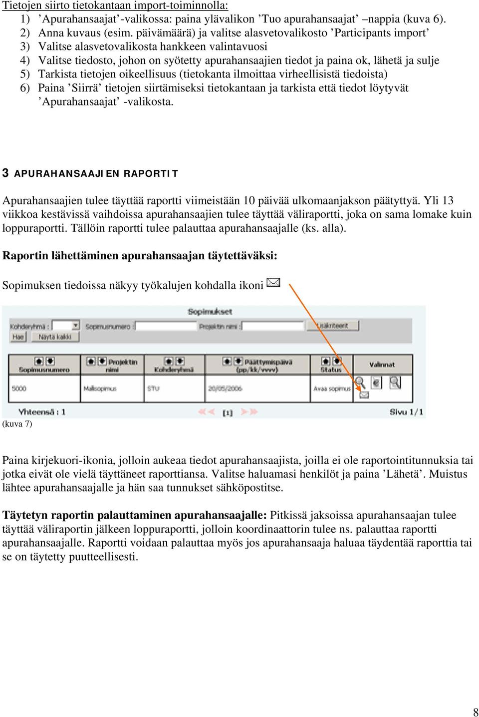 sulje 5) Tarkista tietojen oikeellisuus (tietokanta ilmoittaa virheellisistä tiedoista) 6) Paina Siirrä tietojen siirtämiseksi tietokantaan ja tarkista että tiedot löytyvät Apurahansaajat -valikosta.