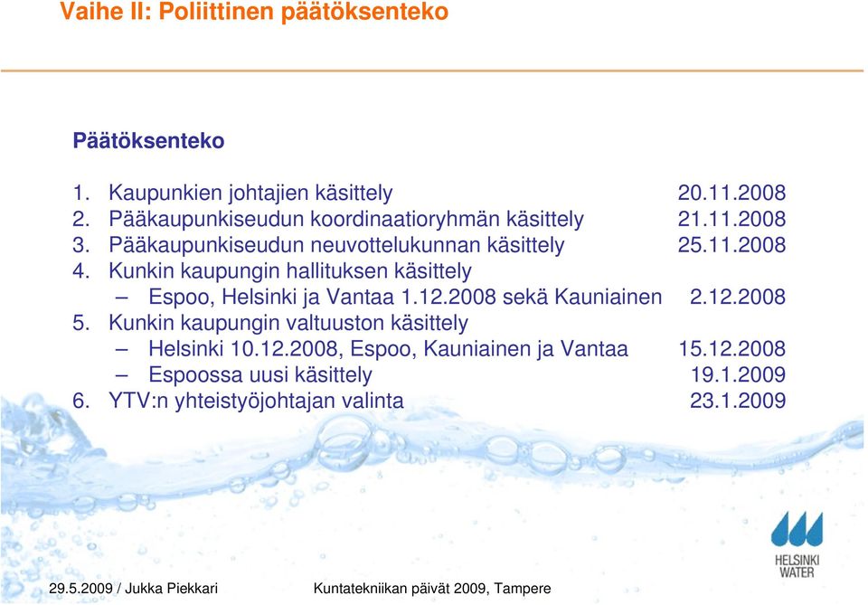 Kunkin kaupungin hallituksen käsittely Espoo, Helsinki ja Vantaa 1.12.2008 sekä Kauniainen 2.12.2008 5.